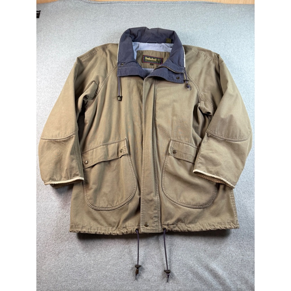 Vtg. Timberland Weathergear Mens Canvas Field Jacket Brown Leather Trim Size M
